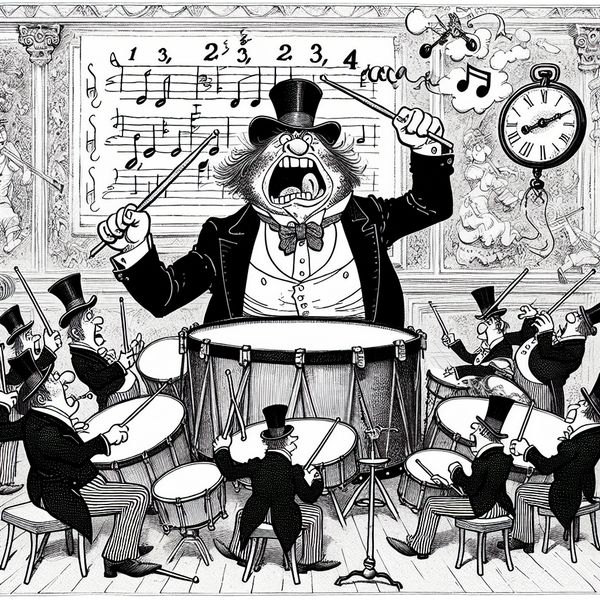 Cartoonistische bandrepetitie met drummer die de maat aangeeft, omringd door muzikanten en een zwevende maatsoort 4/4