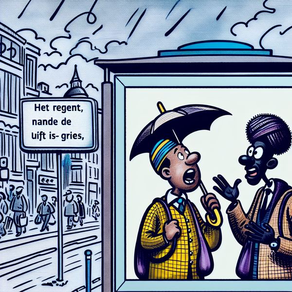 Cartoonfiguur op busstop met paraplu en regendruppels Een cartoonfiguur wacht op een bus met een paraplu in de handen, terwijl het regent en donkere wolken boven hen hangen.
