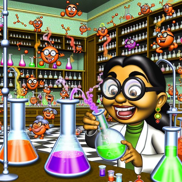Vrolijke Chemie Lab Cartoon met Actieve Moleculen Een cartoonachtige chemicus in een laboratorium mengt kleurrijke vloeistoffen in kolven terwijl speelse moleculen met elkaar interageren.