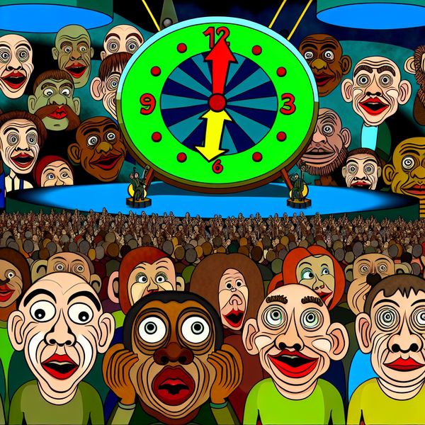 Bijzonder Concert Start om Zeven Cartoon van een concert dat op het punt staat te beginnen met een grote klok die zeven uur slaat