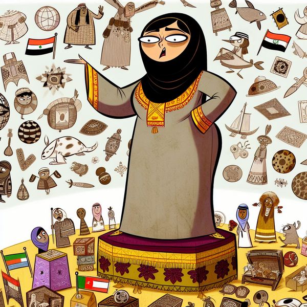 Cartoon van cultuurgebonden chauvinisme Een cartoonfiguur staat trots op een voetstuk in traditionele kledij, wijst minachtend naar culturele artefacten van andere culturen.