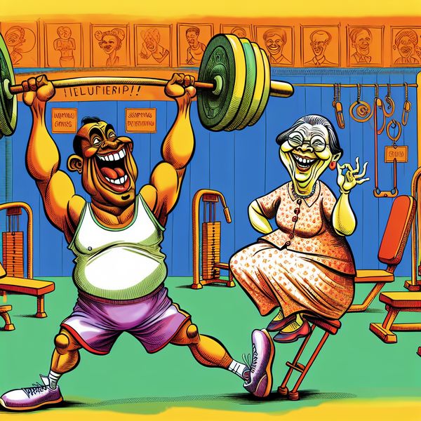 Een vrolijke cartoonachtige weergave van een fitnessgym met een gespierde man en een lachende vrouw die oversized gewichten gebruiken.