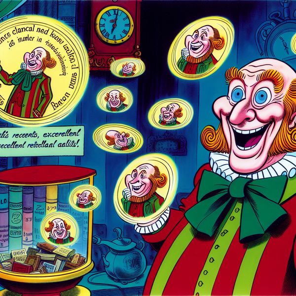 Cartoon van een karakter met een uitstekend geheugen Een vrolijk cartoonfiguur met een grote glimlach juggelt namen en datums in een kleurrijke kamer, wat zijn indrukwekkende geheugen weergeeft.