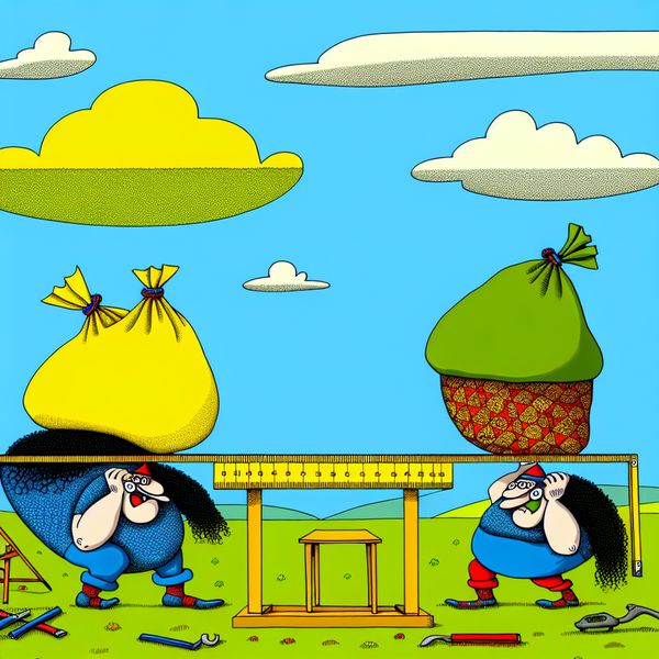 Cartoon illustratie van gelijke hoogte in een vrolijke setting Speelse cartoonillustratie van twee personages die elk een zware tas optillen in een grasveld, met een meetlint op de grond dat de gelijkheid in hoogte toont.