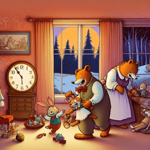 Cartoonscene van bedrijf in een gezellig huis in de avond Een cartoonachtige scène met een familie van antropomorfe dieren in een gezellige woonkamer, waar een konijn en een beer hun kinderen, een vos en een egeltje, aansteken om zich klaar te maken om weg te gaan.