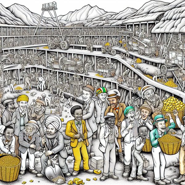 Cartoonachtige illustratie van actieve goudwinning in Zuid-Afrikaanse mijn