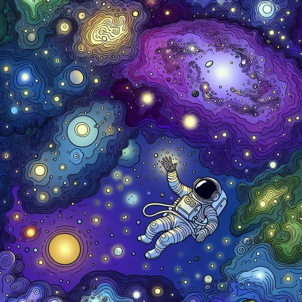 Cartoonillustratie van het heelal met astronaut en kosmische nevels Kleine astronaut zwevend in een kleurrijk cartoonheelal met sterrenstelsels, planeten en een gloeiende nevel, geïnspireerd op Marten Toonder