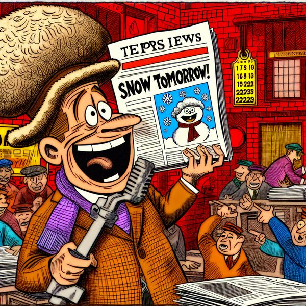 Cartoonachtige nieuwsredactie met vrolijke journalist die krant vasthoudt met de kop 'SNEEUW MORGEN!' en sneeuwvlokillustratie