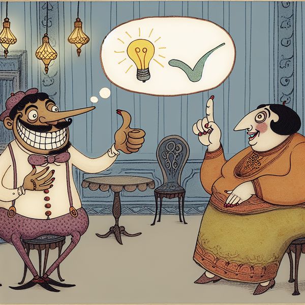 Twee cartoonfiguren in gesprek, eentje geeft een duim omhoog en de ander wijst naar een lichtbol in een gedachtewolk als teken van instemming