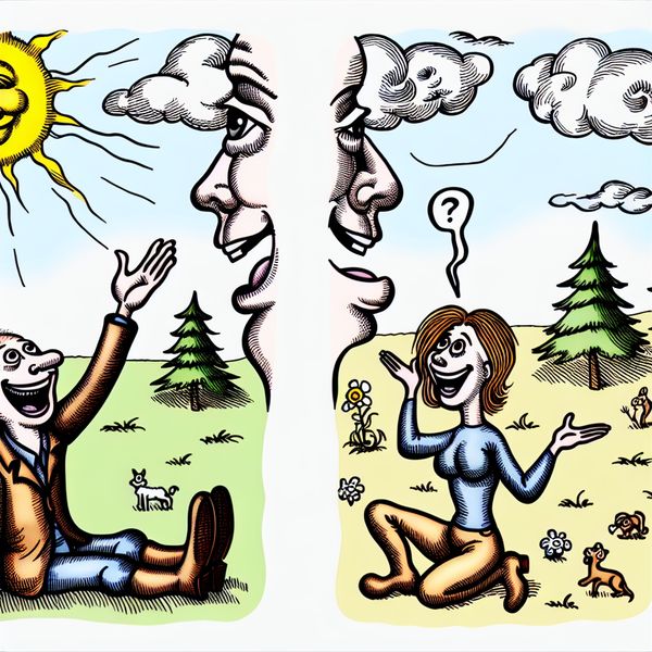 Twee vrolijke cartoonfiguren tonen instemming in een zonnige buitenomgeving met groene bomen en een heldere lucht