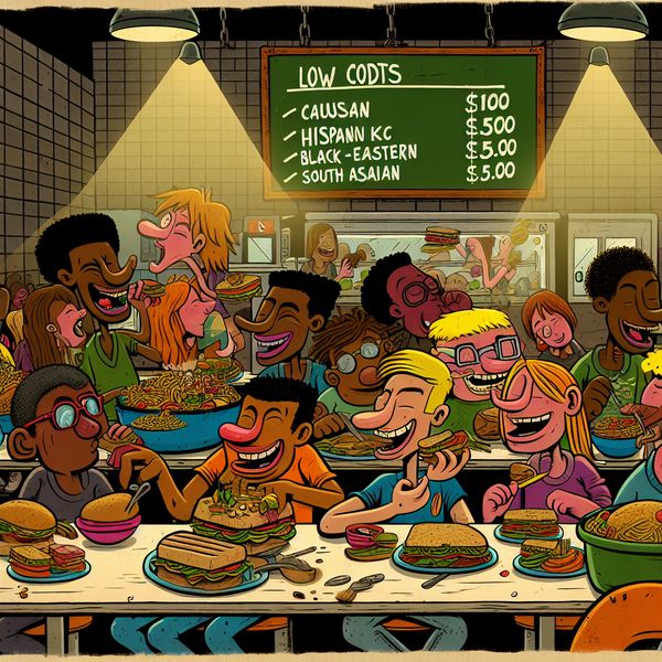 Cartoonillustratie van een levendige kantine met studenten die genieten van kleurrijke, goedkope maaltijden.