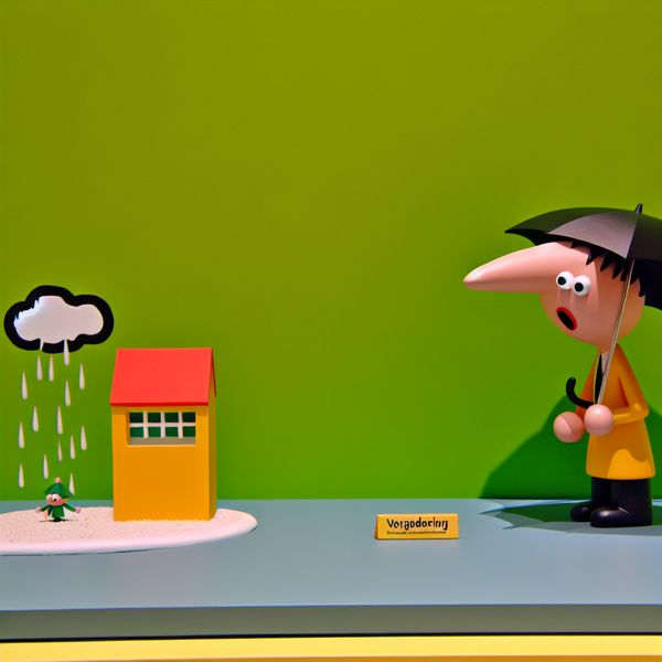 Cartoonachtig karakter en kleine tegenslag met wolk Cartoonachtig karakter met een verraste expressie naast een minuscule wolk die enkele druppels laat vallen boven een klein gebouwtje gelabeld 'vergadering'
