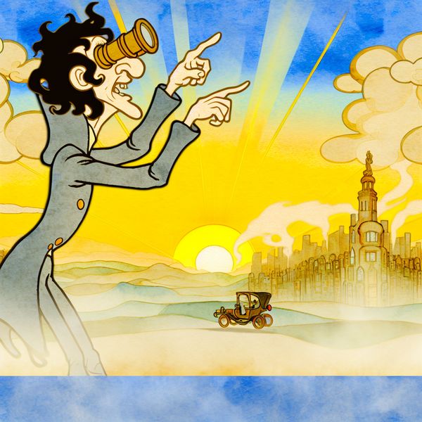 Kartonnen karakter wijst naar een stad bij zonsopgang Een karikaturaal personage met overdreven kenmerken wijst naar een levendige stadsgezichten bij zonsopgang.
