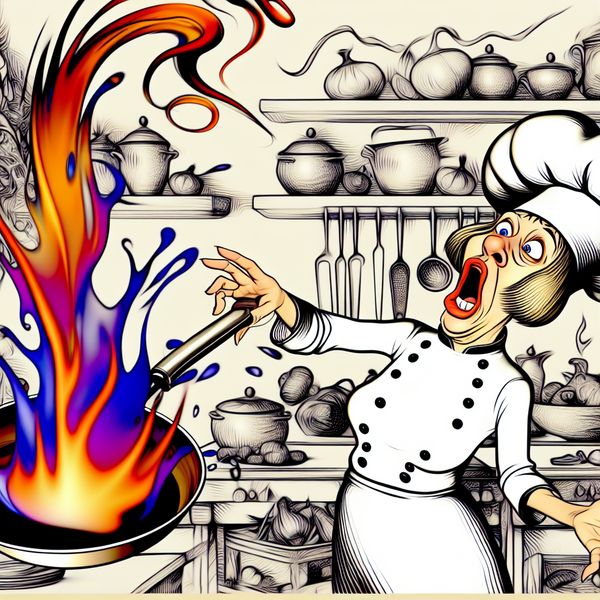 Een cartoonachtige keuken met een verraste chef die reageert op een steekvlam uit een pan.