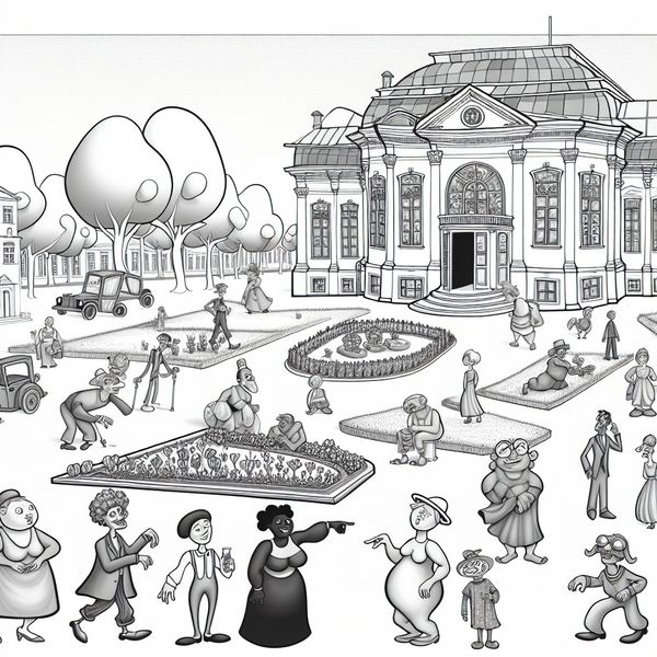Speelse cartoon van mensen die om een kleurrijk gebouw lopen Een speelse cartoonachtige afbeelding van een groep mensen die vrolijk om een groot, kleurrijk gebouw lopen, met verschillende emoties en bewegingen.