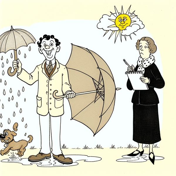 Twee cartooneske personages staan buiten op een bewolkte dag. Een vrolijk personage in een lichte jas geniet van het weer met een paraplu, terwijl een sceptisch personage naast hen een klachtenlijst over het weer schrijft.