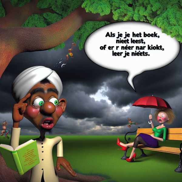 Twee cartoonfiguren onder een grote boom, de eerste kijkt gefrustreerd met een boek, terwijl de ander ontspannen op een bankje zit met een paraplu. Boven hen een spraakballon met: 'Als je het boek niet leest, of er niet naar kijkt, leer je niets.'
