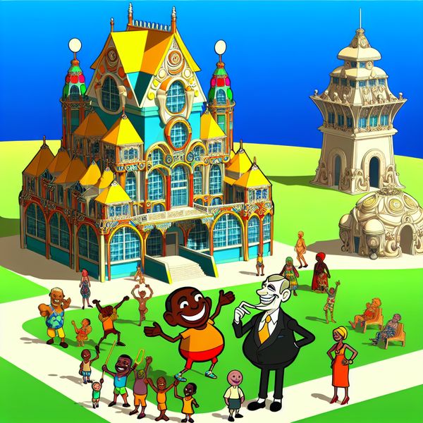 Cartoon Overheidsgebouw met Blijde Staatsambtenaar Cartoonachtige weergave van een overheidsgebouw met een vrolijke staatsambtenaar die interactie heeft met blije burgers in een park.