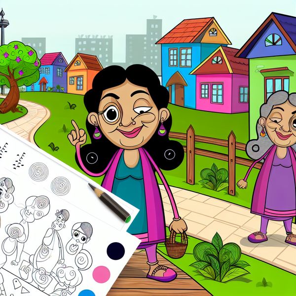 Cartoon personage loopt naar werkplek in een kleurrijke omgeving Een cartoonachtig personage dat glimlachend een vertrouwde route naar het werk wandelt, omgeven door speelse bomen en kleurrijke huizen.