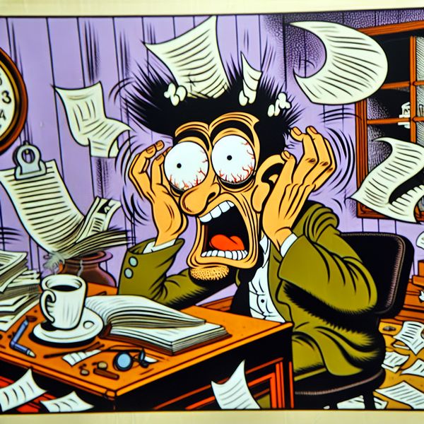Cartoonafbeelding van een gefrustreerde persoon aan een bureau Een karikaturaal persoon met grote ogen, die gefrustreerd aan een rommelig bureau zit met een hoofd vol pijn.