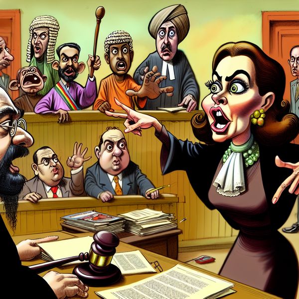 Cartoon Rechtszaal Advocaat Pleidooi Een cartoonachtige rechtszaal met een advocaat die gepassioneerd pleit voor zijn cliënt, omringd door geïnteresseerde juryleden en aandachtig kijkende rechter.