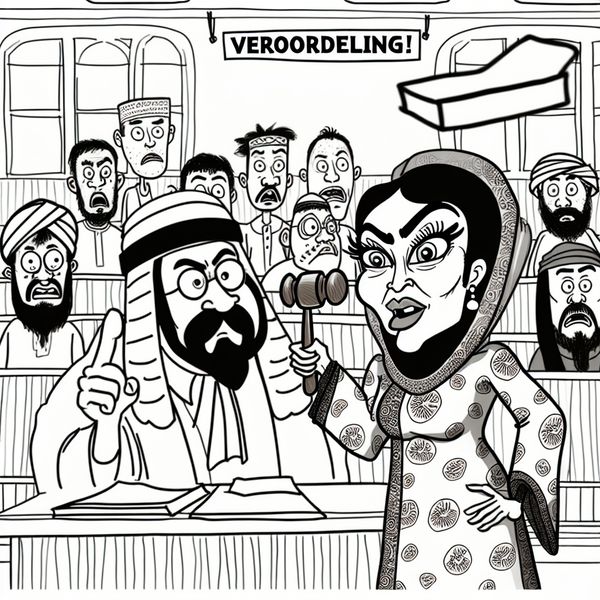 Een cartoonachtige scène in de rechtszaal met een rechter die dramatisch met een hamer slaat, en een bezorgde aanklager met een overdreven gezichtsuitdrukking.