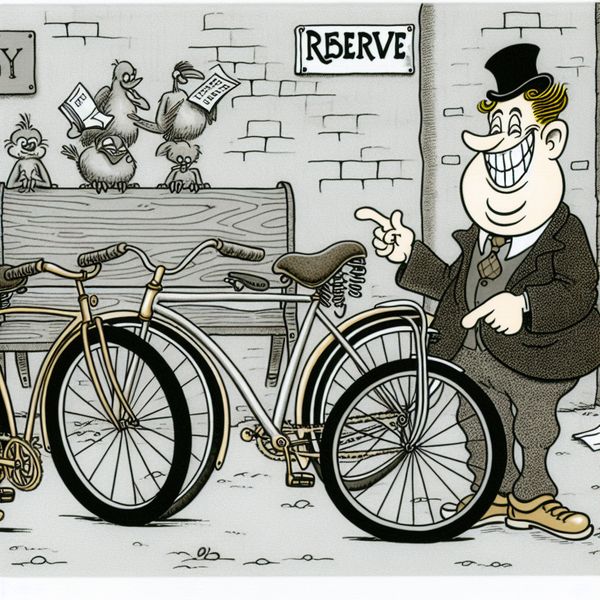 Cartoon illustratie reservefiets in stad Cartoon van een man bij twee fietsen met een bord 'Reserve', in een drukke stad.