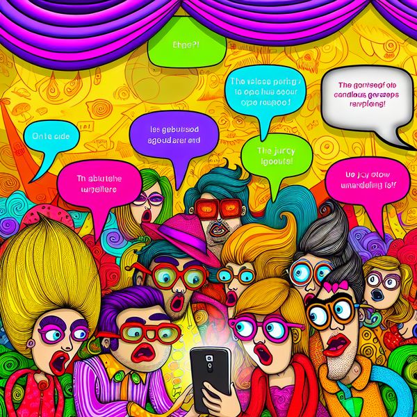 Leuke cartoon over roddels en schandalen Een cartoonachtige scène van diverse personages die rondom een smartphone staan en expressies van verbazing en nieuwsgierigheid tonen, met spraakballonnen vol roddels.