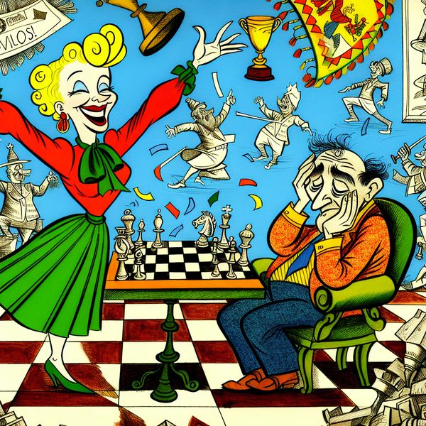 Triomf in een strategisch spel: overwinning in een cartoonachtige schaakpartij Cartoonachtige schaakpartij tussen twee expressieve personages, waarbij de winnaar triomfantelijk zijn armen omhoog steekt en de verliezer teleurgesteld achterover leunt, met een schaakbord dat een winnende positie toont en een achtergrond met confetti en een 'Overwinning!'-banner