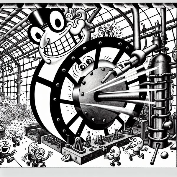 Vrolijke industriële snijmachine met expressief gezicht die metaalplaten snijdt met vonken in een cartoonfabriek