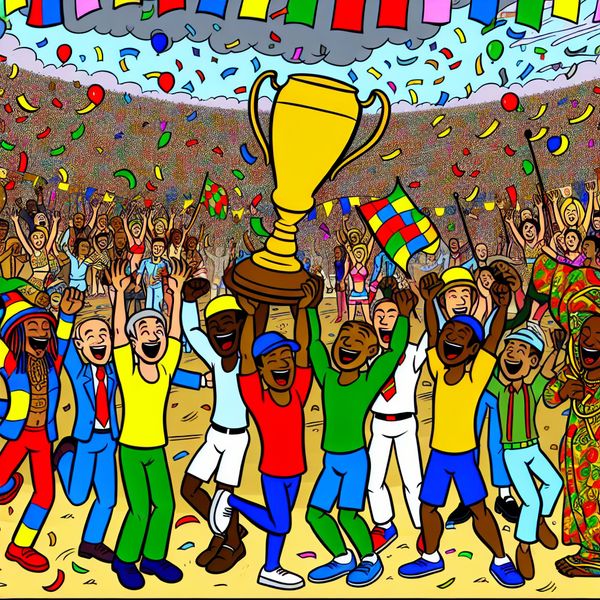 Vrolijke cartoonfiguren vieren hun overwinning in een sportwedstrijd met een trofee, vlaggen en confetti.