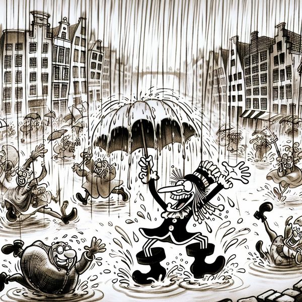 Cartoon van stortbui met karakters in de regen Een kleurrijke cartoonweergave van een stortbui met karakters die in plassen spetteren en onder een omgekeerde paraplu schuilen.