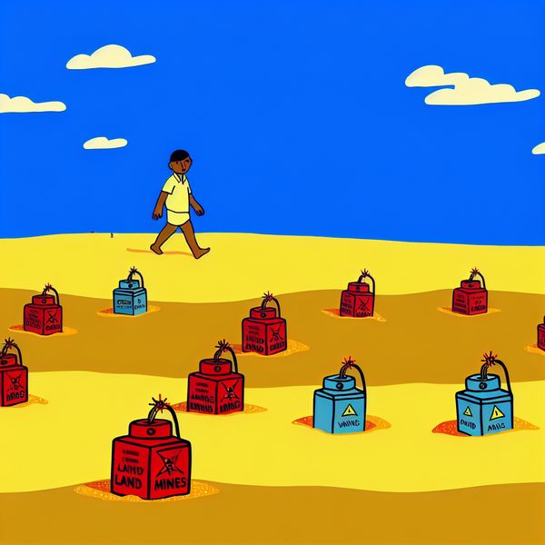 Een kleurrijke illustratie van een zandstrand met cartoonachtige mijnen, gemarkeerd met waarschuwingsborden, en een kind en een volwassene die voorzichtig navigeren.
