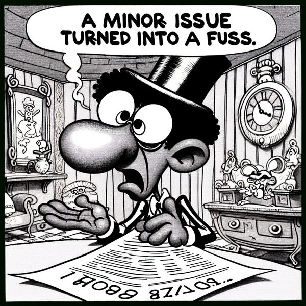 Cartoon person looking stressed at a tiny piece of paper in a whimsical office, emphasizing absurdity