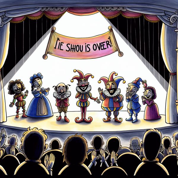 Vrolijke theater voorstelling met jester en opera zanger Cartoonish theater scene with colorful characters taking bows on stage, spotlight on banner saying 'De voorstelling is afgelopen'