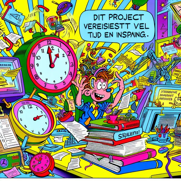Een cartoonachtige illustratie van een personage dat overweldigd maar vastberaden aan een bureau zit, omringd door chaos van papieren en hulpmiddelen, inclusief een grote klok en boeken over tijdmanagement.