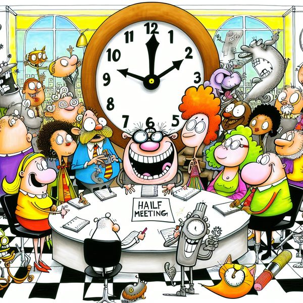 Cartoon van een tijdsaankondiging met blije personages Een cartoonachtige scene met gelukkige personages rond een klok die half negen aangeeft, terwijl een van hen enthousiast aankondigt dat de vergadering begint.