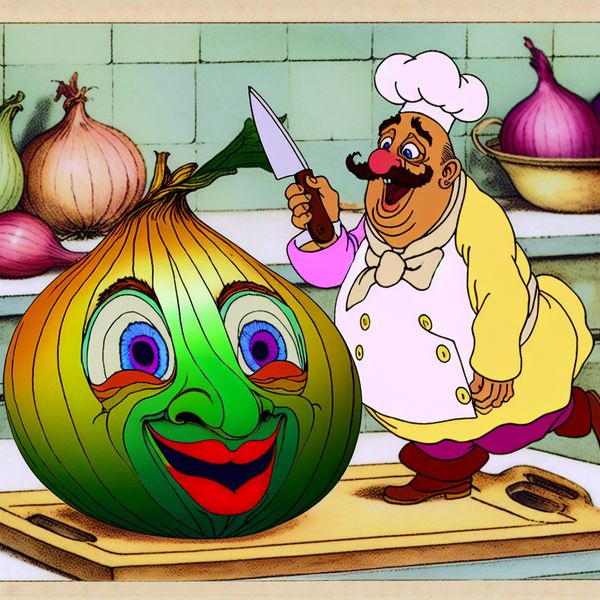 Cartoon Ui met Een Schil en Vrolijke Chef Een cartoon ui met een expressief gezicht, staand op een snijplank in de keuken, met kleurrijke lagen die dramatisch worden afgepeld.