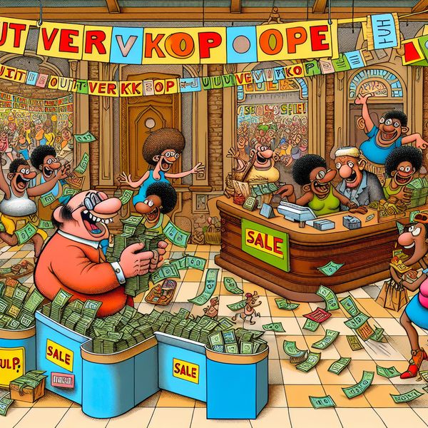 Een levendige cartoon-achtige scène met een drukke winkel tijdens een uitverkoop, waarin kleurrijke spandoeken het woord 'Uitverkoop' aankondigen