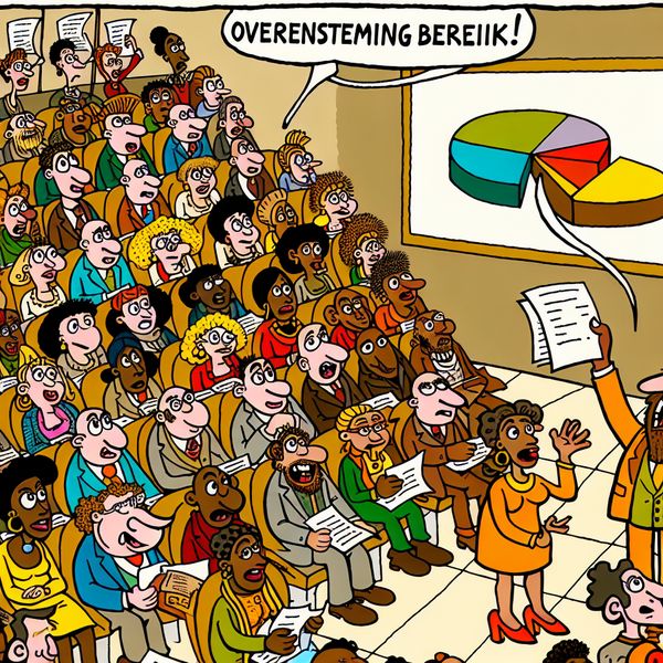 Cartoon van een vergadering met gedeeltelijke overeenstemming Een cartoonachtige afbeelding van een groep levendige karakters in een vergaderzaal, waarbij een karakter enthousiast een voorstel presenteert met papieren in de hand.