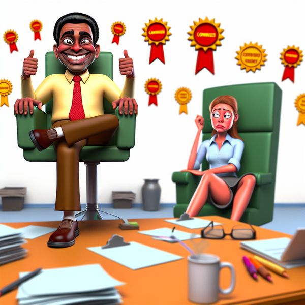 Cartoon Werknemers Rang Verschillen Cartoon stijl afbeelding van twee werknemers aan een bureau, één op een verhoogde stoel en de ander op een lage kruk, met emoties die rang en waardering weergeven.