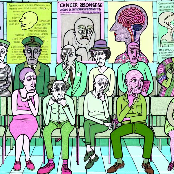 Expressieve Personages in Ziekenhuis Wachtkamer Over Kanker Cartoonachtige afbeelding van een ziekenhuiswachtkamer met expressieve personages die de emotionele uitdagingen van het omgaan met kanker weergeven.