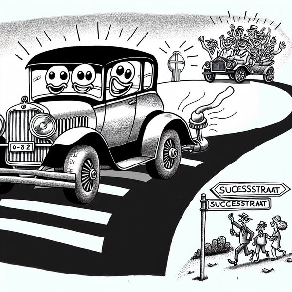 Cartoonachtige illustratie van een oude maar goed onderhouden auto met lachende koplampen en een kwispelende uitlaat