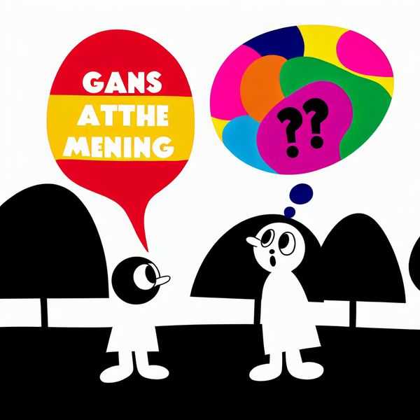Cartoonfiguren met verschillende meningen in kleurrijk landschap Een illustratie van twee cartoonfiguren in een kleurrijk landschap, de ene houdt een spraakballon met 'gans andere mening' en de andere kijkt verrast met een gedachteballon vol vraagtekens.