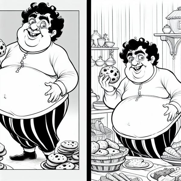 Een vrolijke cartoonfiguur die aankomt in gewicht, met een grote koek in de hand en snakt naar lekkernijen in een gezellige keuken.