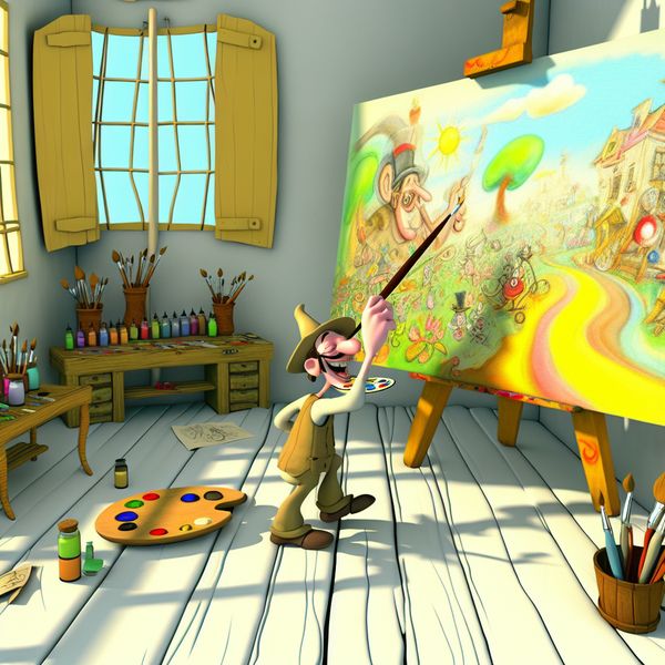Cartoonachtige kunstenaar in kleurrijke studio Een cartoonachtige kunstenaar schildert enthousiast in een kleurrijke studio met veel kunstbenodigdheden om hem heen.