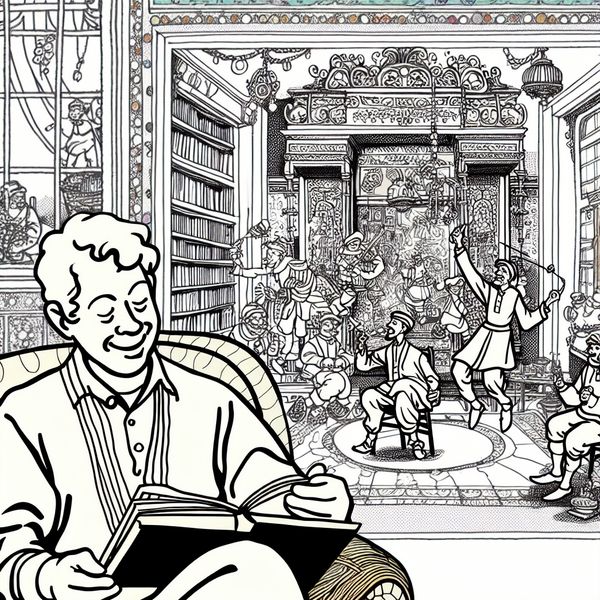 Whimsical Leesscène 'Deel 2' in Marten Toonder-stijl Cartoonachtige scène van iemand die het boek 'Deel 2' leest in een gezellige kamer met personages uit de serie