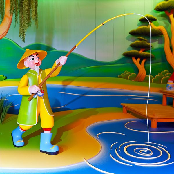 Cartoonvisser die lijnen uitwerpt - Nederlandse vistechniek illustratie Vrolijke cartoonvisser die een vislijn uitwerpt in een rustig meer, in de stijl van Marten Toonder