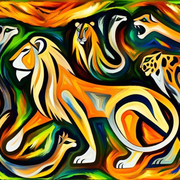 Categorie grote katachtigen: abstracte kunst voor biologie en taalonderwijs Abstracte illustratie van grote katachtigen zoals een leeuw, tijger en cheeta met gemeenschappelijke kenmerken, in expressieve stijl van Karel Appel