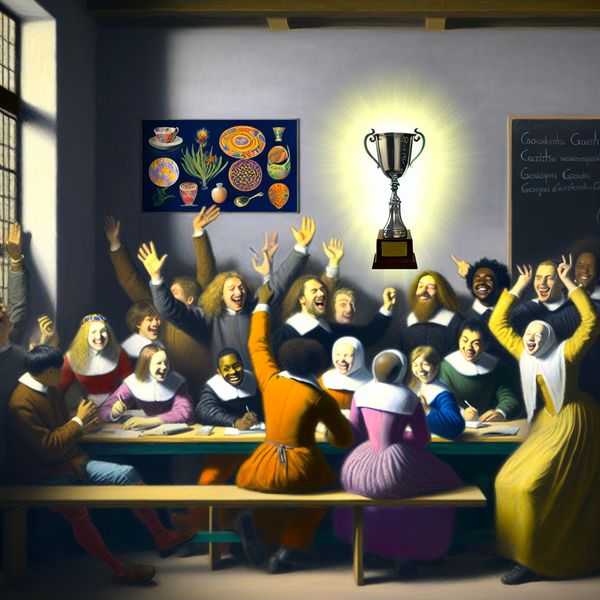 Groep diverse studenten in een klaslokaal vieren hun overwinning met een grote trofee.